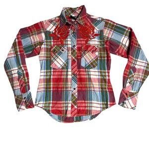 Y2k Mcbling Western Rose plaid flannel shirt rose embroidery black pearl snap S